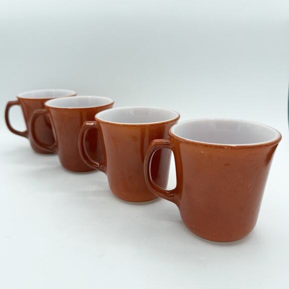 Set 4 Vtg Corning Pyrex Milk Glass Burnt Orange Rust Coffee Cups Mugs D Handle - Picture 1 of 4